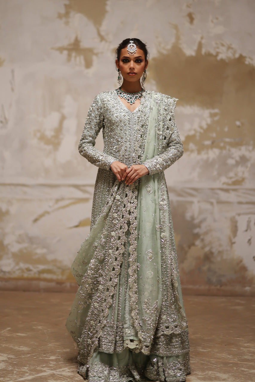 Indian Mint Green Zardozi Organza Pishwas Dress (3-Piece) - Image 1
