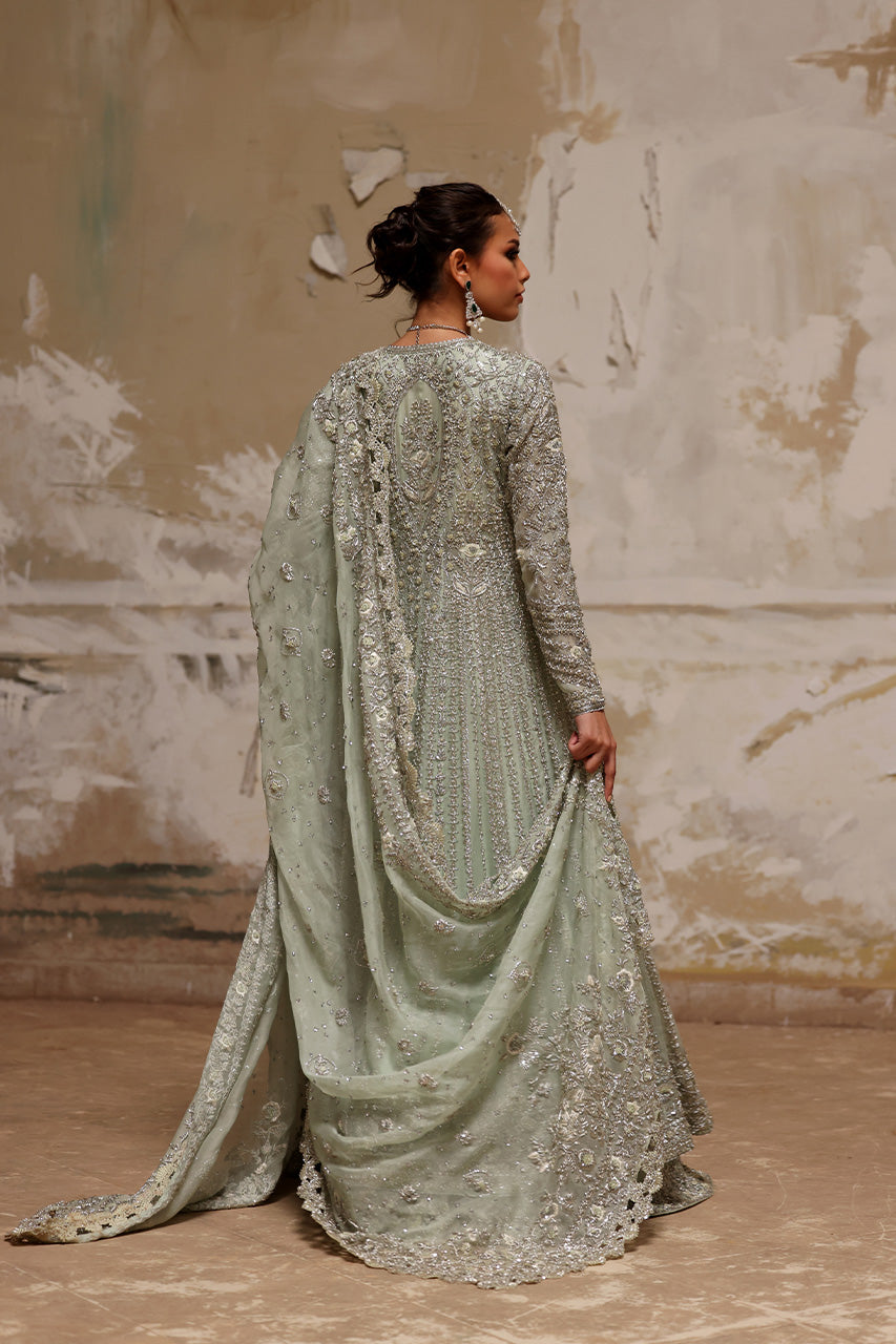 Indian Mint Green Zardozi Organza Pishwas Dress (3-Piece) - Image 2