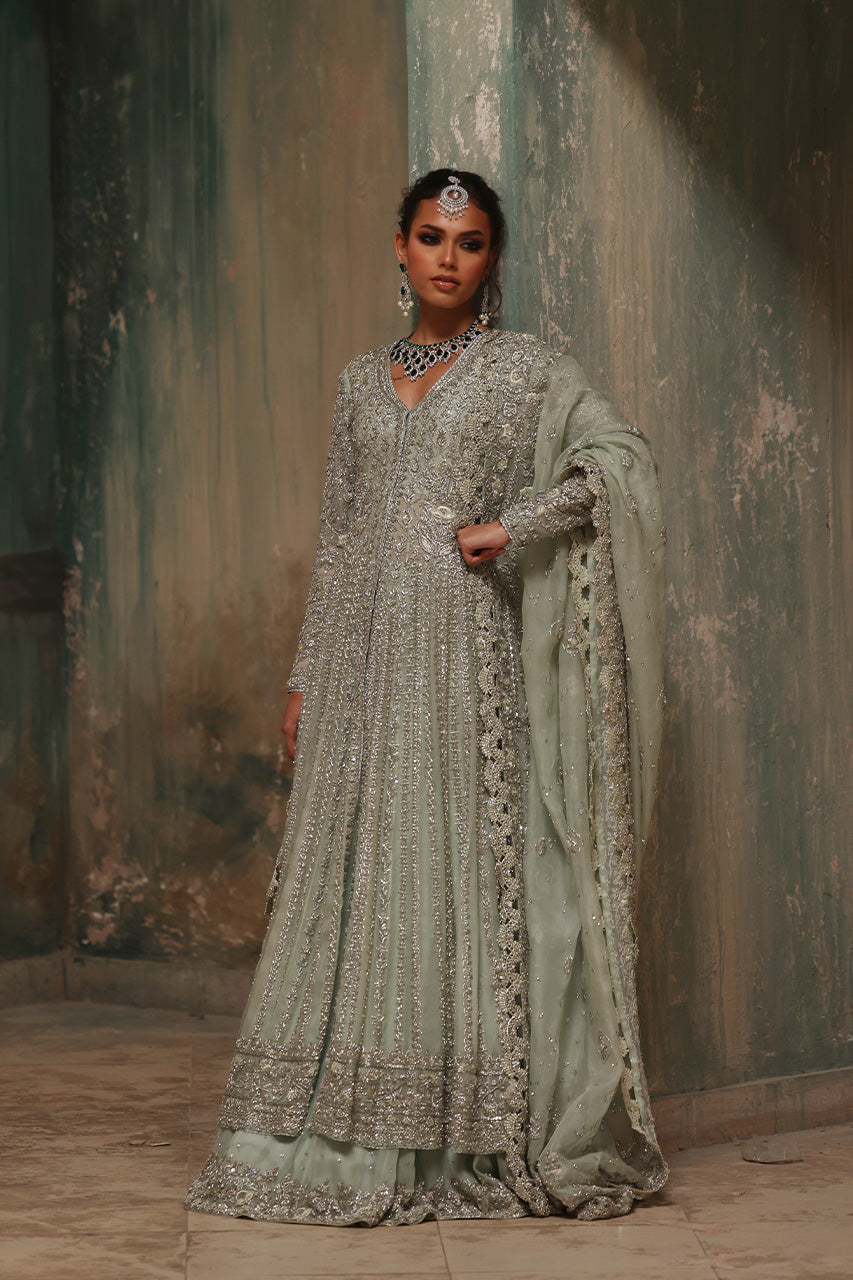 Indian Mint Green Zardozi Organza Pishwas Dress (3-Piece) - Image 4