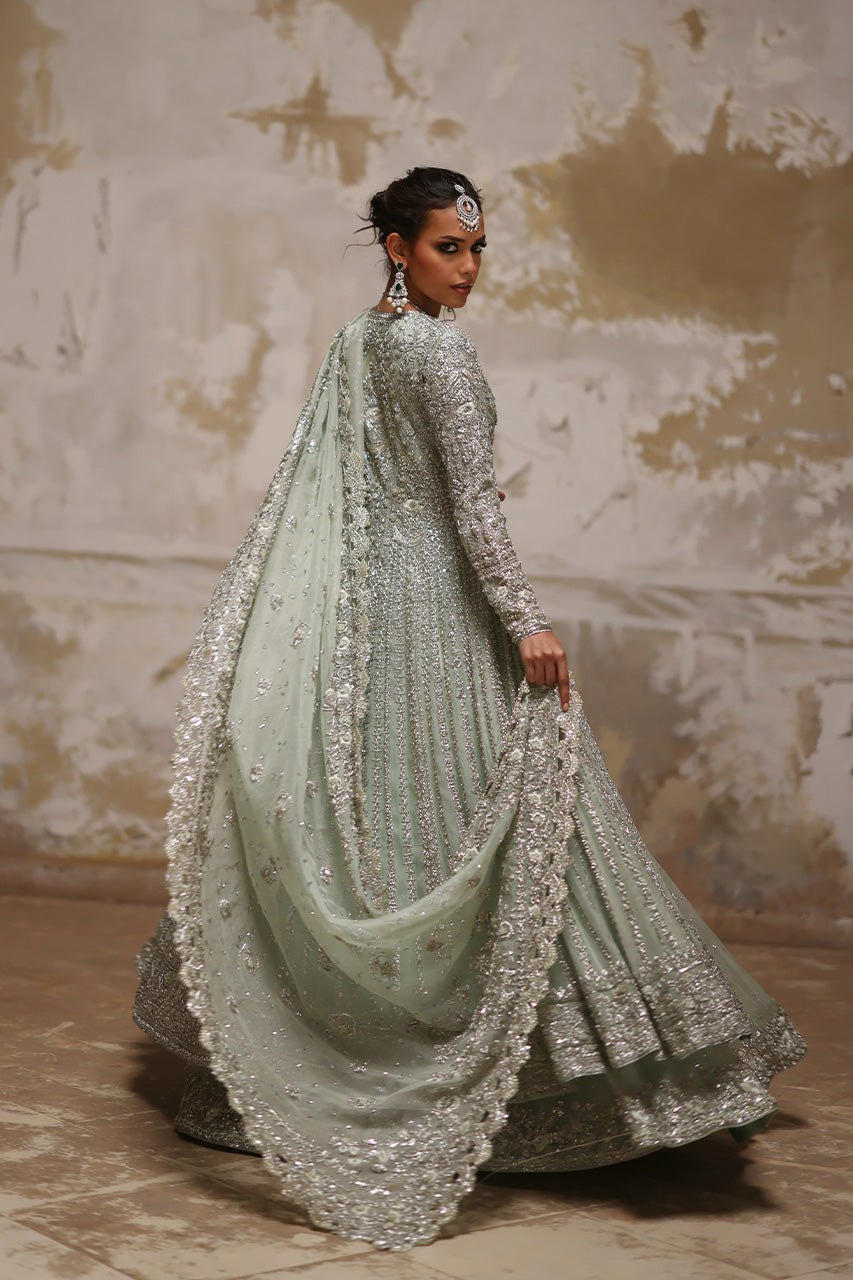 Indian Mint Green Zardozi Organza Pishwas Dress (3-Piece) - Image 5