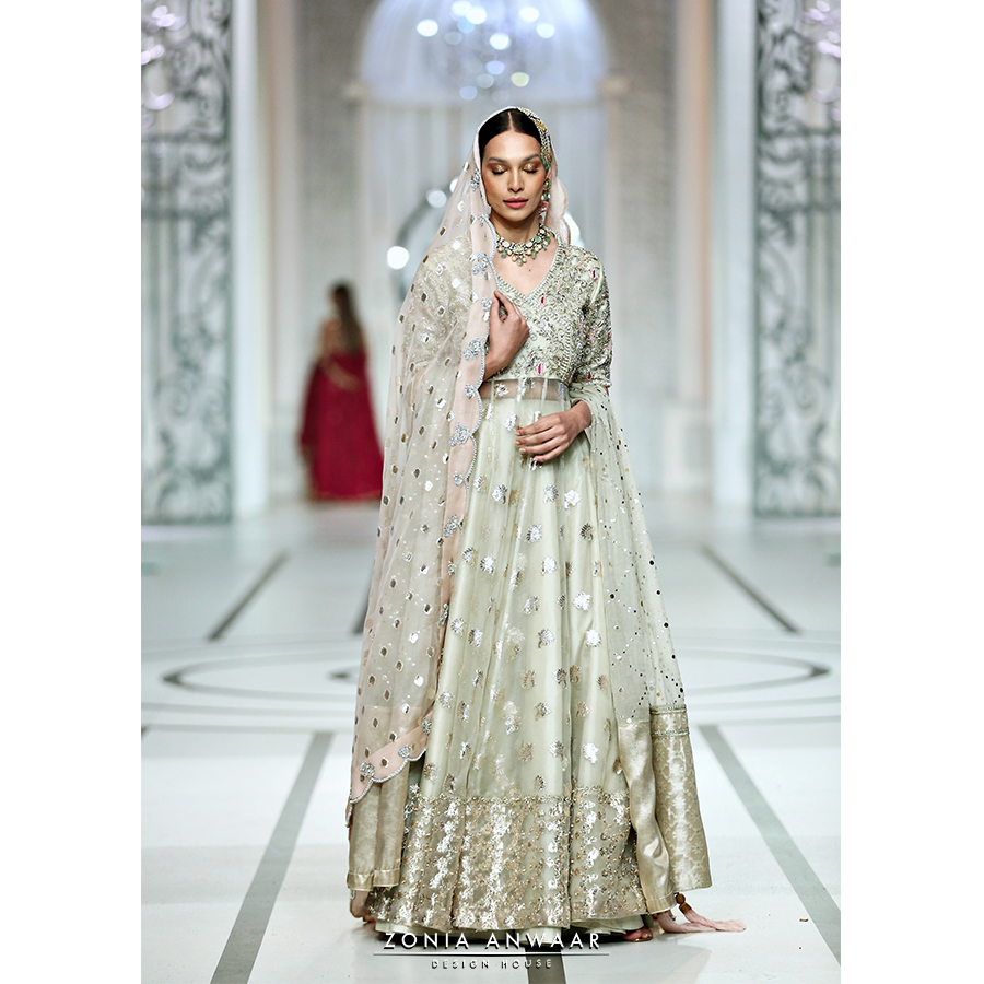 Pistachio Zari Organza Kalidar Pishwas (4-Piece) - Image 1