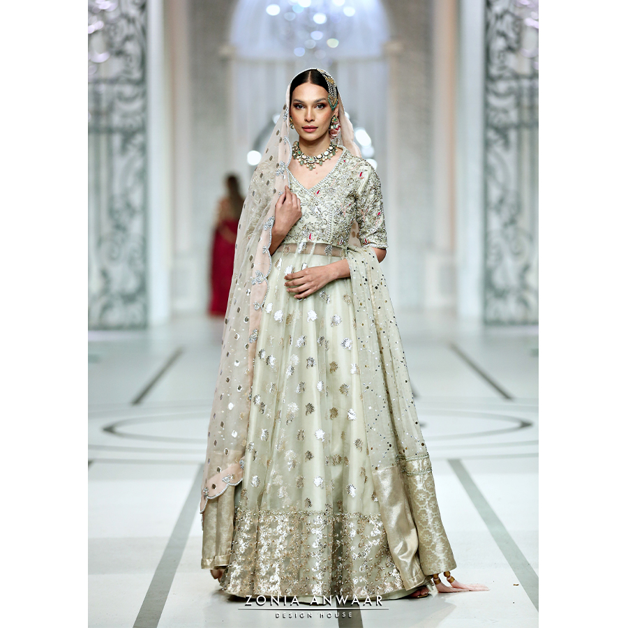 Pistachio Zari Organza Kalidar Pishwas (4-Piece) - Image 3