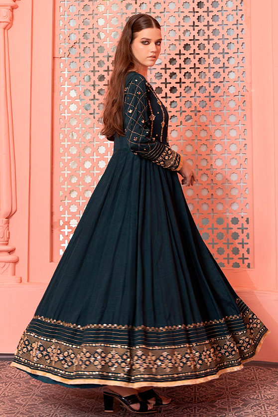 Deep Green Embroidered PK Raw Silk Pishwas (3-Piece) - Image 1