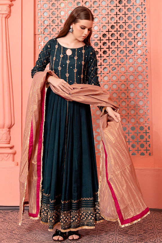 Deep Green Embroidered PK Raw Silk Pishwas (3-Piece) - Image 2