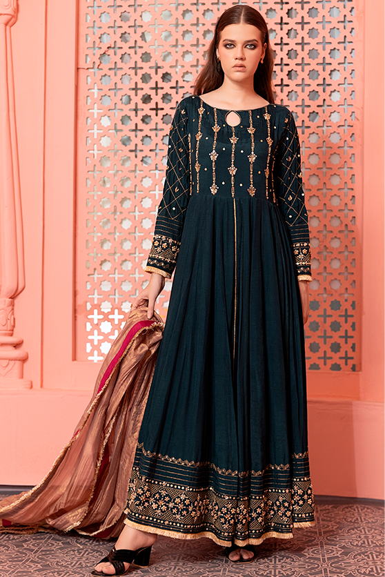 Deep Green Embroidered PK Raw Silk Pishwas (3-Piece) - Image 3