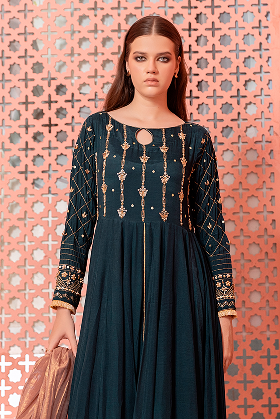 Deep Green Embroidered PK Raw Silk Pishwas (3-Piece) - Image 4