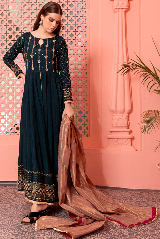 Deep Green Embroidered PK Raw Silk Pishwas (3-Piece) - Image 5