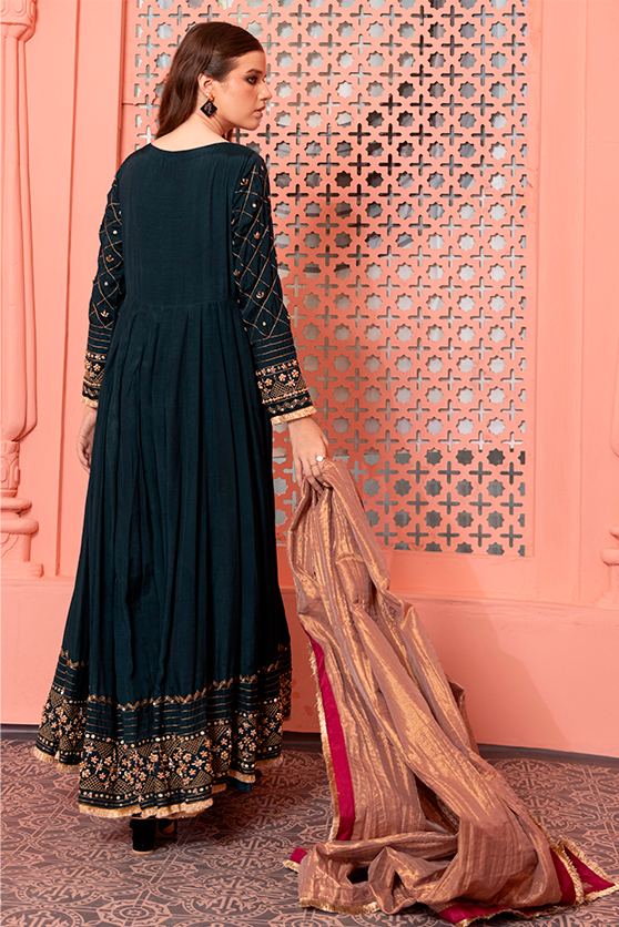 Deep Green Embroidered PK Raw Silk Pishwas (3-Piece) - Image 6