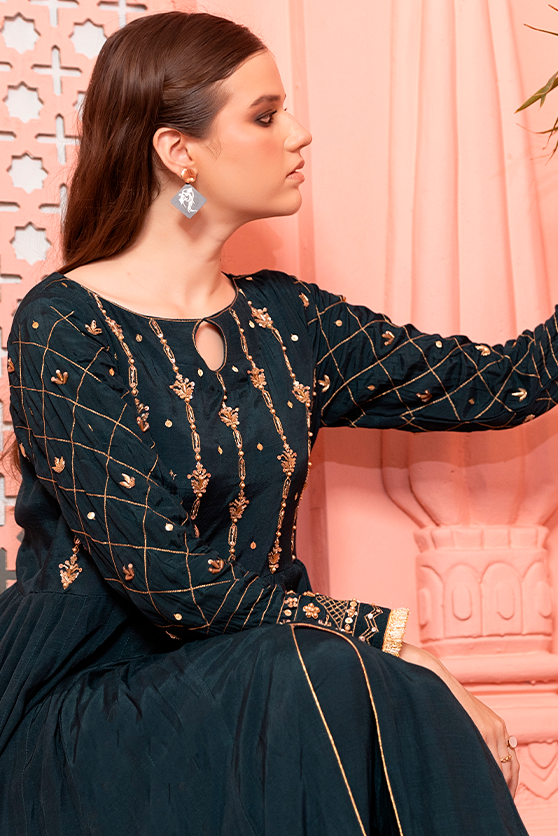 Deep Green Embroidered PK Raw Silk Pishwas (3-Piece) - Image 7