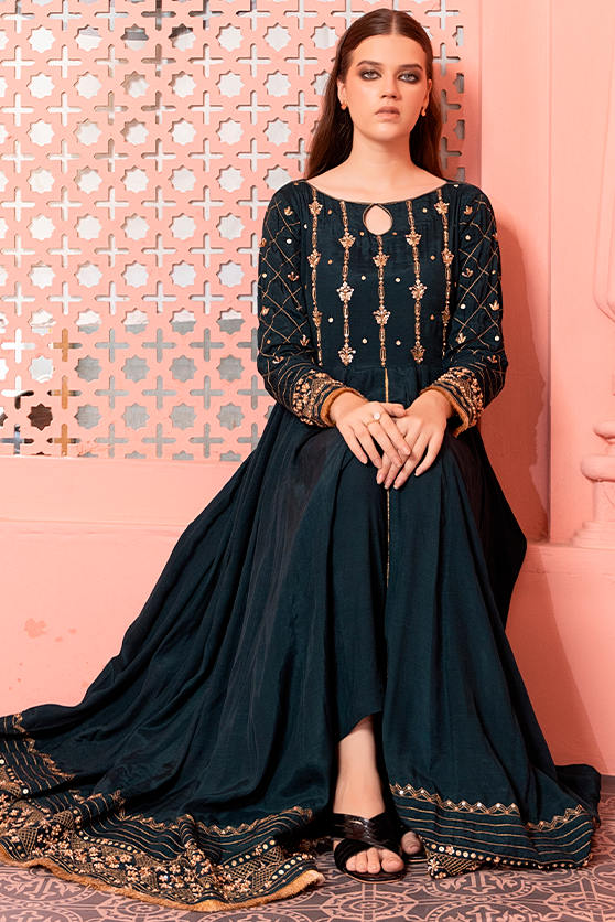 Deep Green Embroidered PK Raw Silk Pishwas (3-Piece) - Image 9