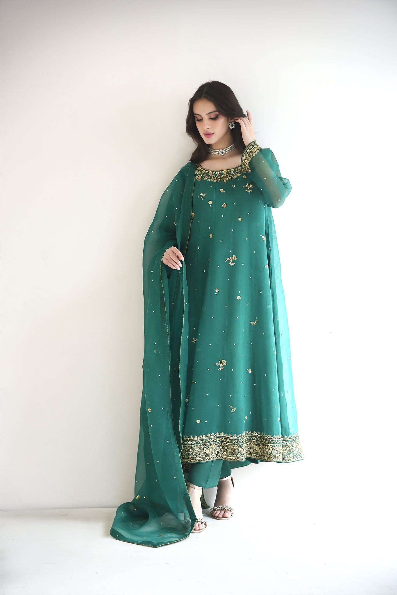 Emerald Hand-Embellished Raw Organza Pishwas (3-Piece) - Image 1