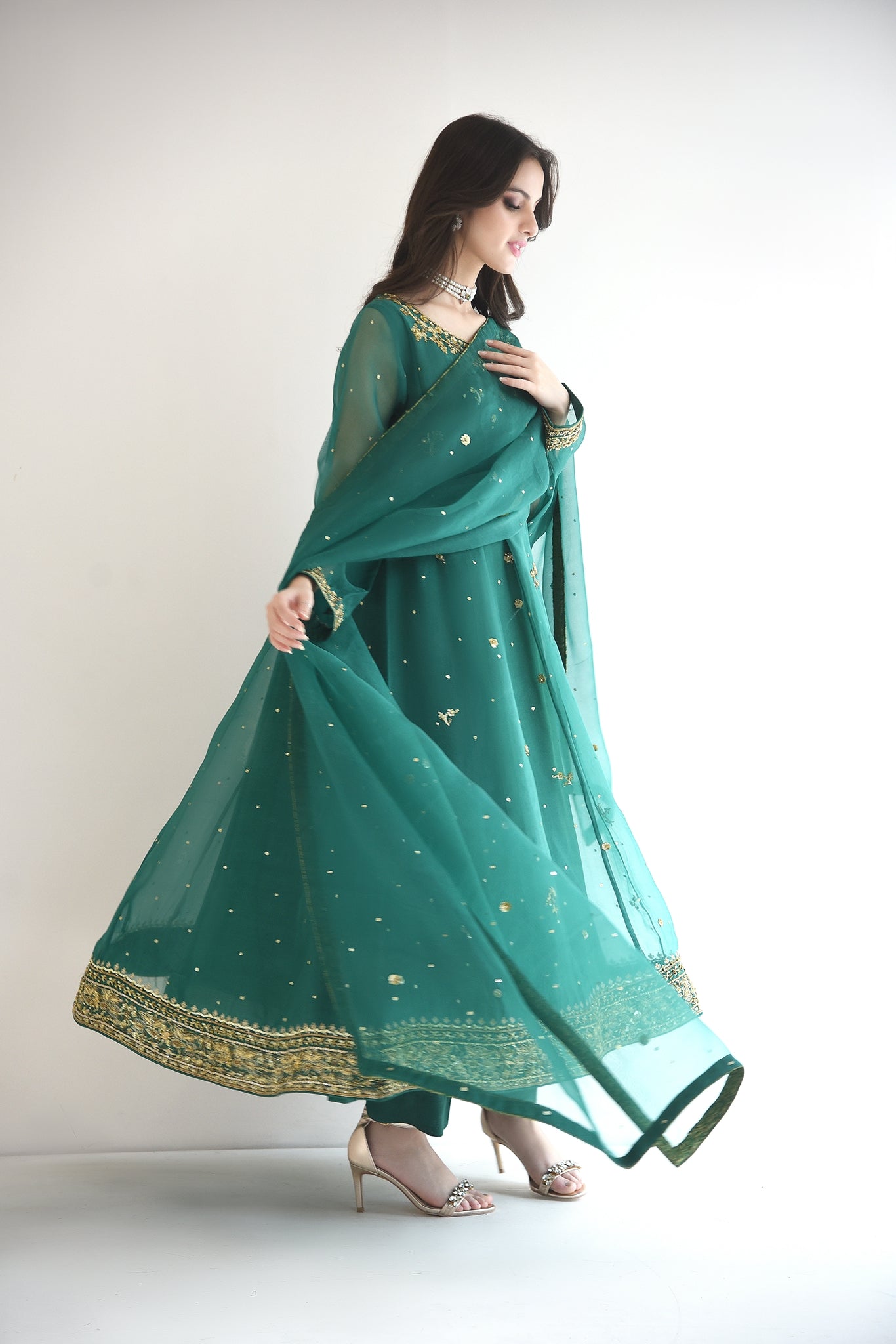 Emerald Hand-Embellished Raw Organza Pishwas (3-Piece) - Image 3