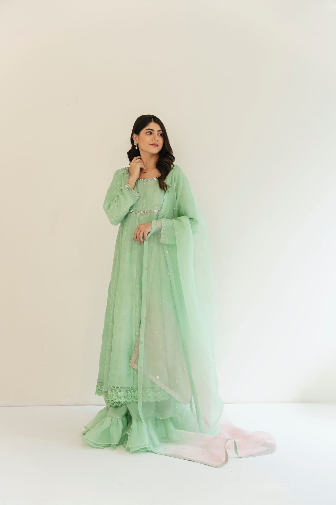 Pakistani Pistachio Ada Embroidered Raw Silk Pishwas (3-Piece) - Image 1