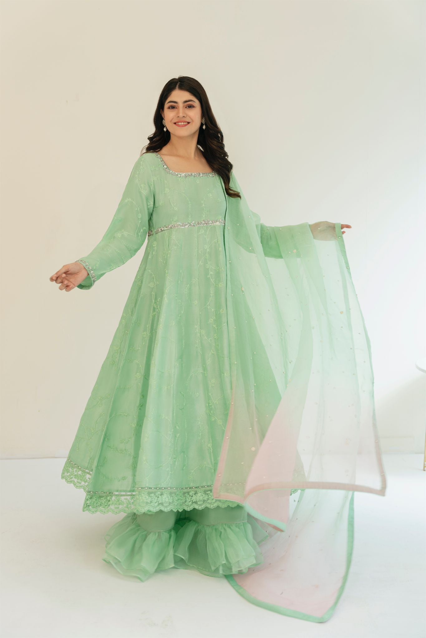 Pakistani Pistachio Ada Embroidered Raw Silk Pishwas (3-Piece) - Image 3