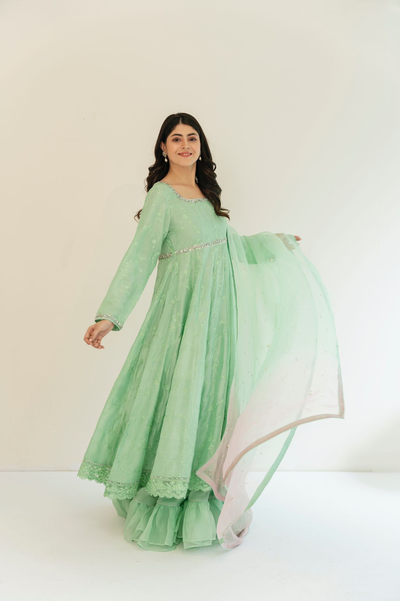 Pakistani Pistachio Ada Embroidered Raw Silk Pishwas (3-Piece) - Image 4