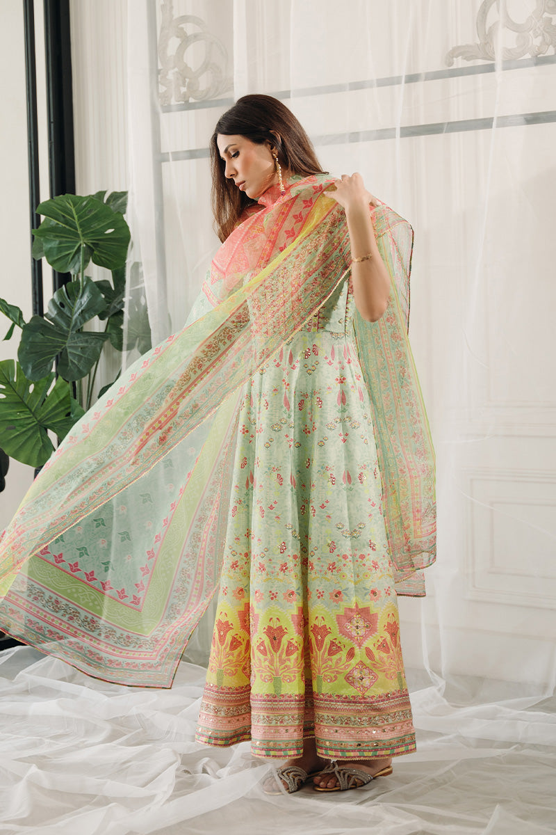 Pakistani Mint Green Embroidered Raw Silk Pishwas (2-Piece) - Image 2