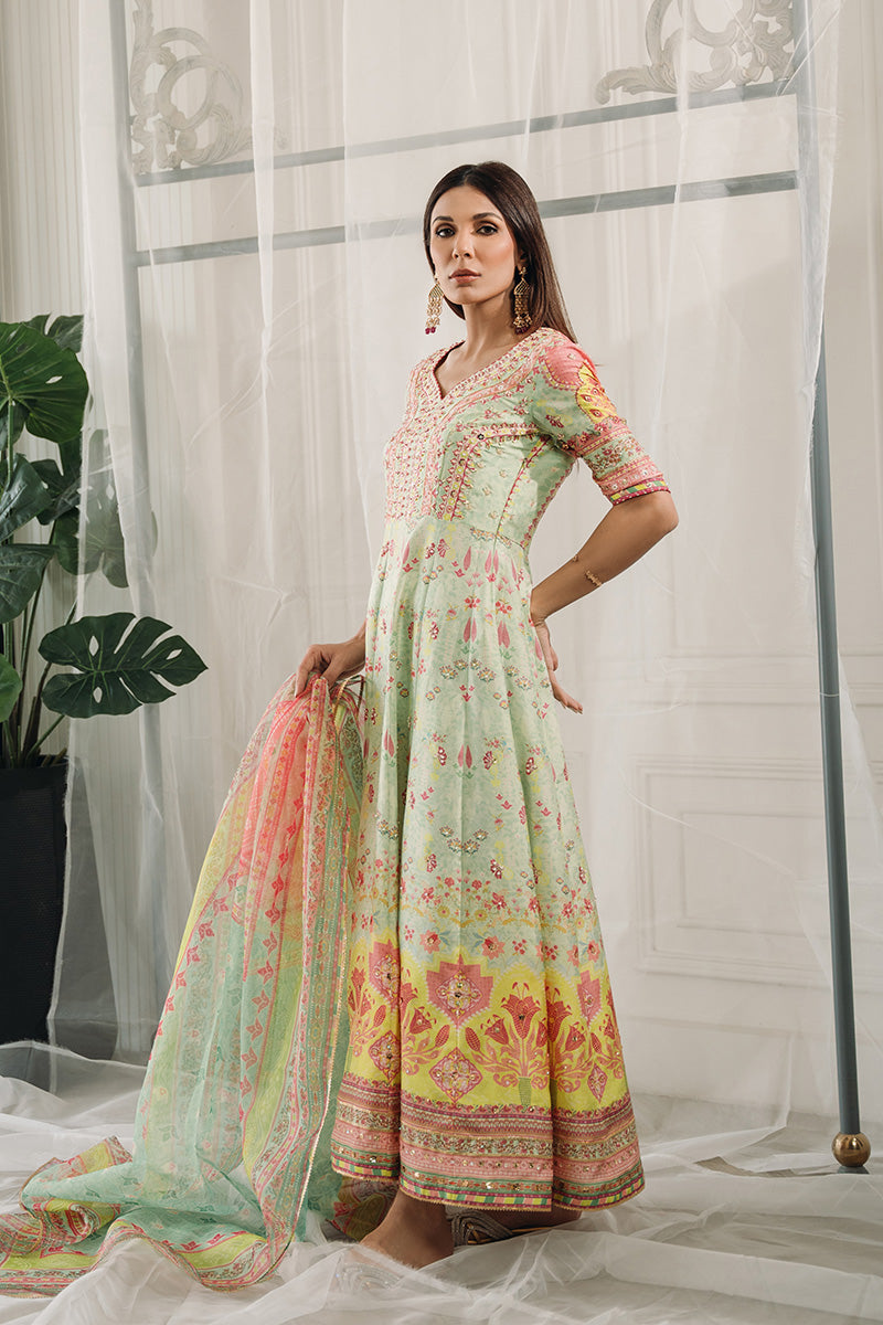 Pakistani Mint Green Embroidered Raw Silk Pishwas (2-Piece) - Image 3