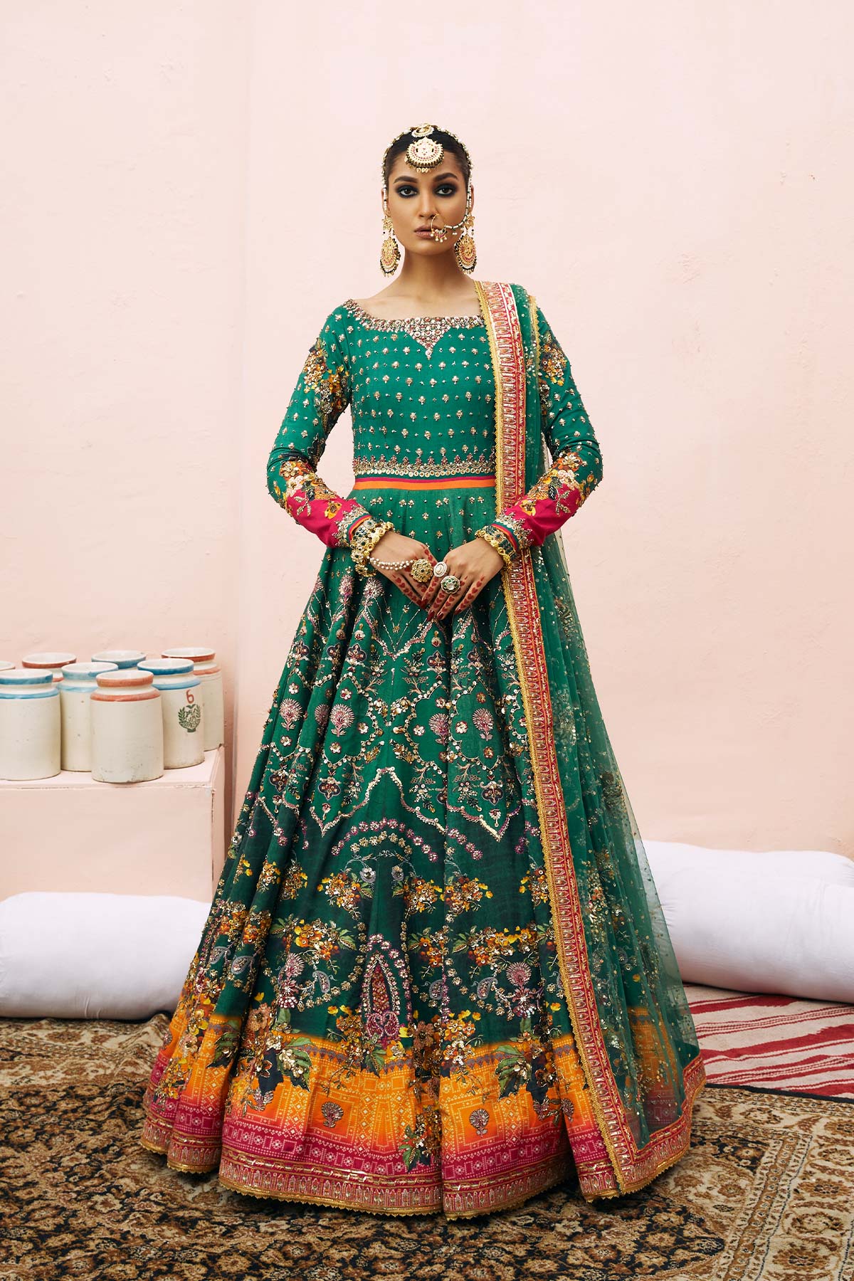 Pakistani Pine Green Embroidered Raw Silk Bridal Pishwas (2-Piece) - Image 1