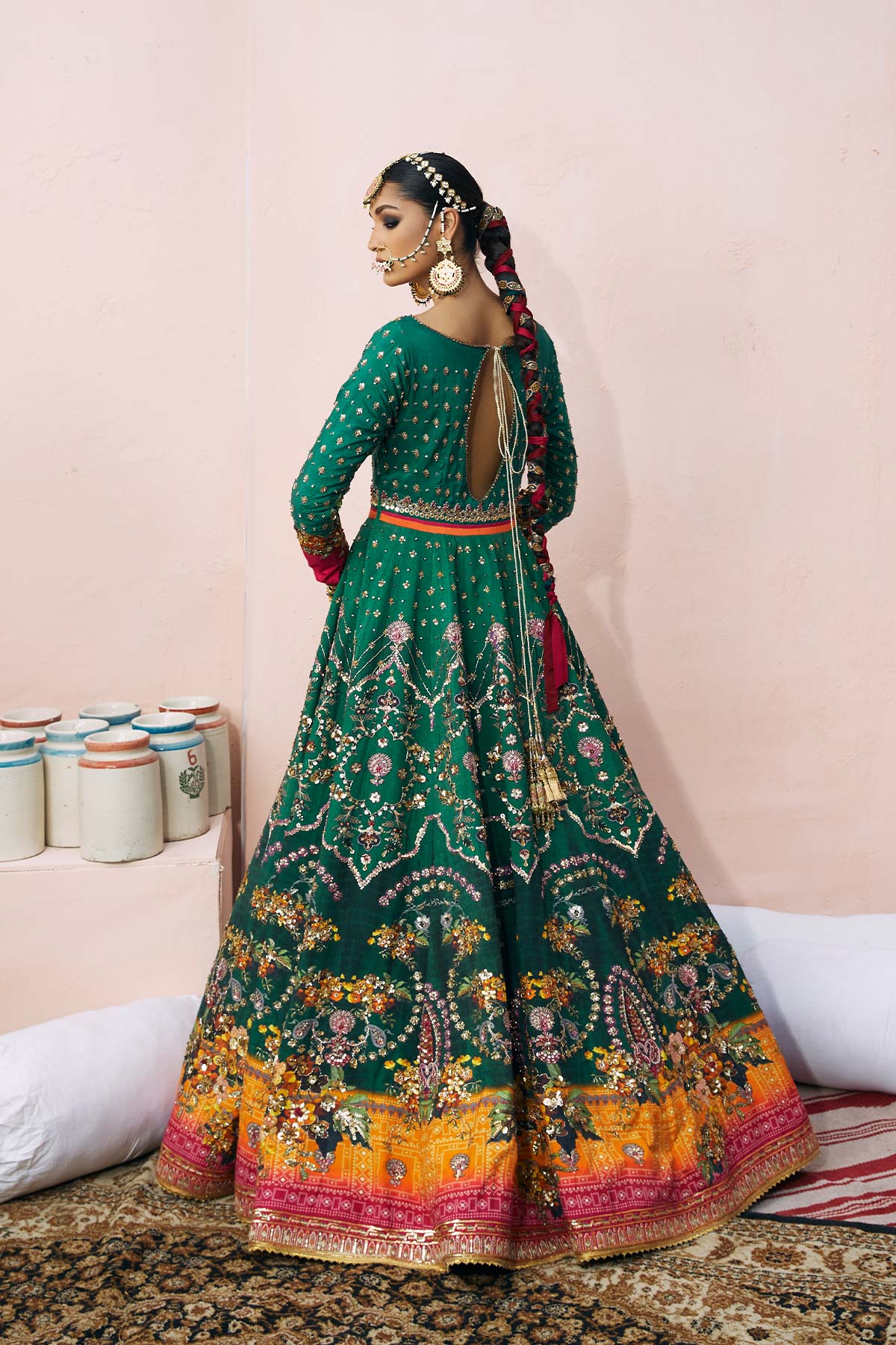 Pakistani Pine Green Embroidered Raw Silk Bridal Pishwas (2-Piece) - Image 2