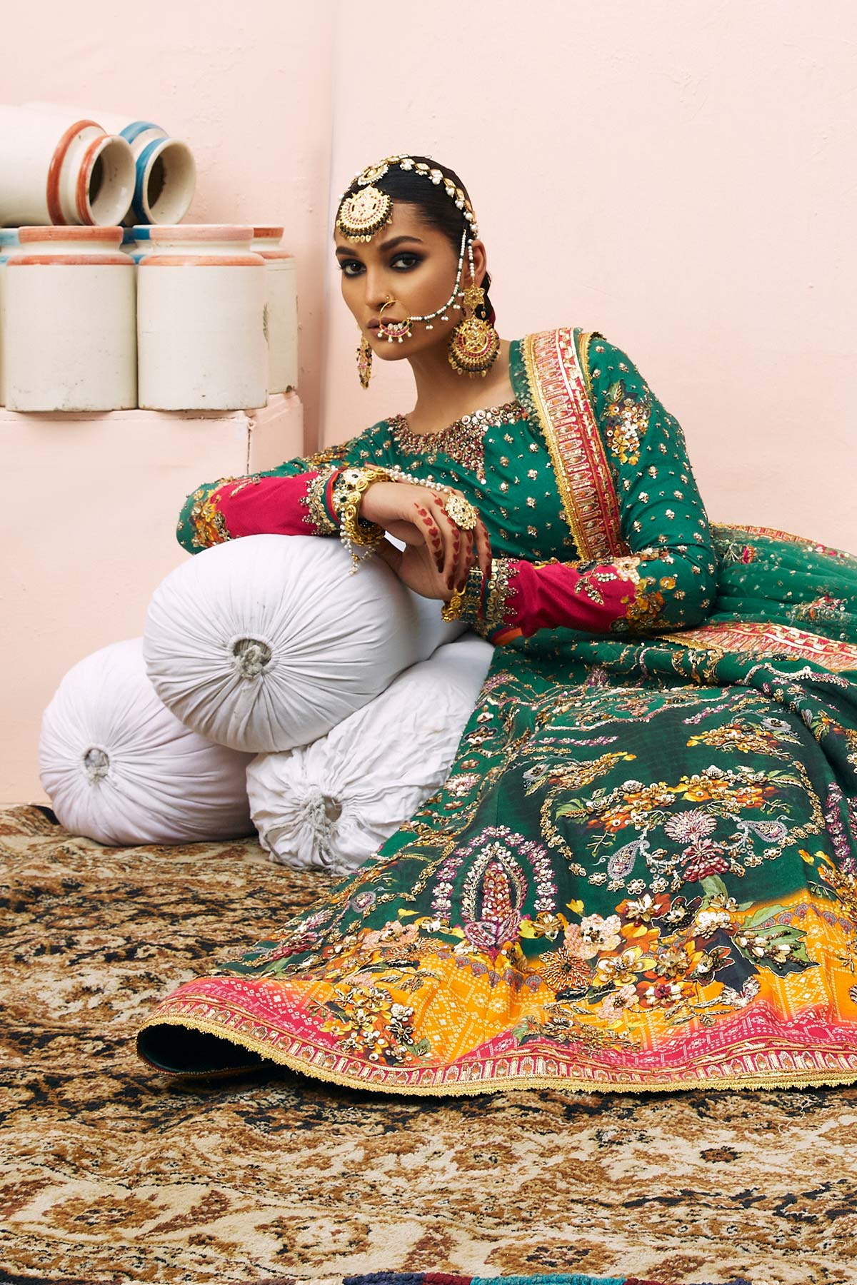 Pakistani Pine Green Embroidered Raw Silk Bridal Pishwas (2-Piece) - Image 3