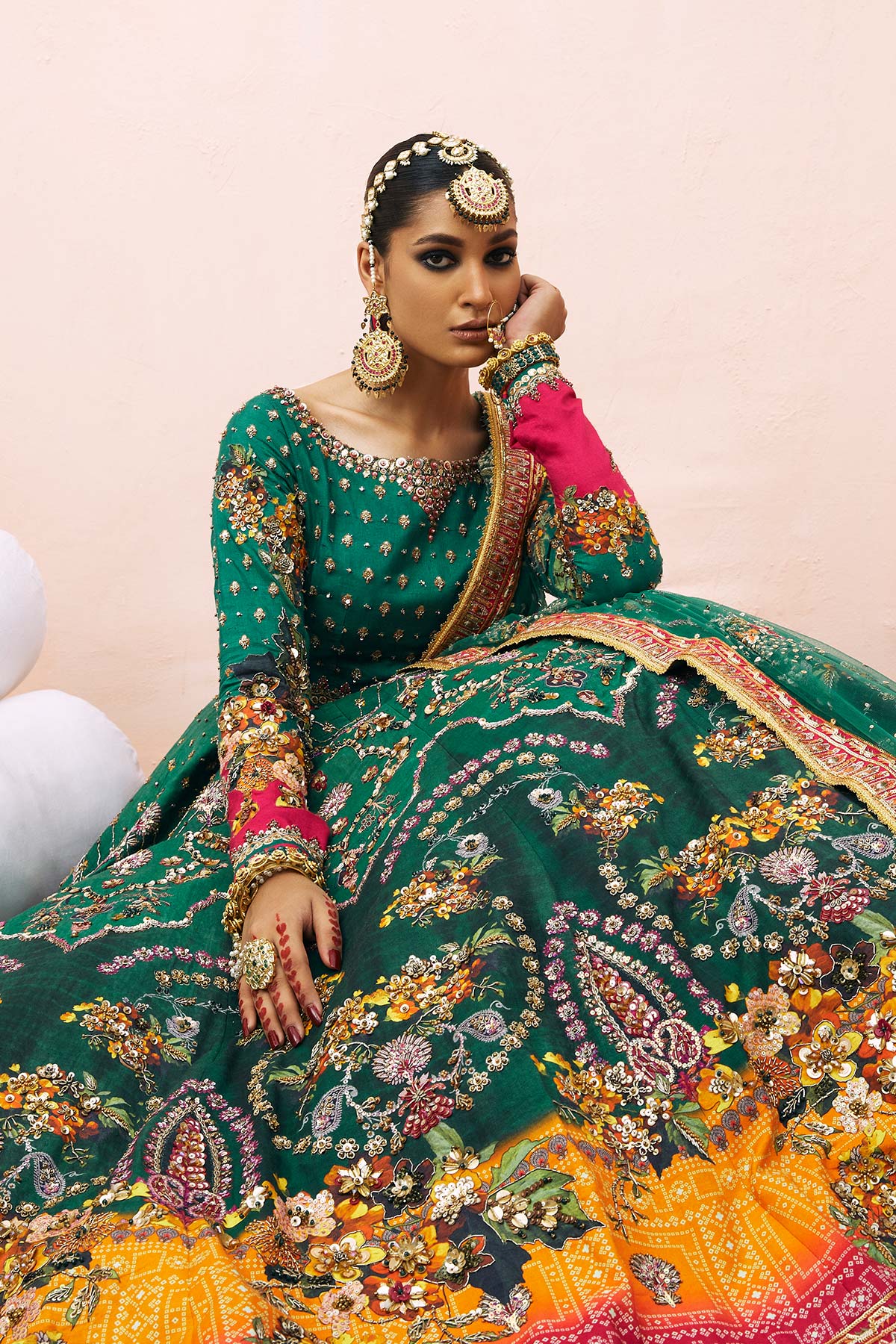 Pakistani Pine Green Embroidered Raw Silk Bridal Pishwas (2-Piece) - Image 4