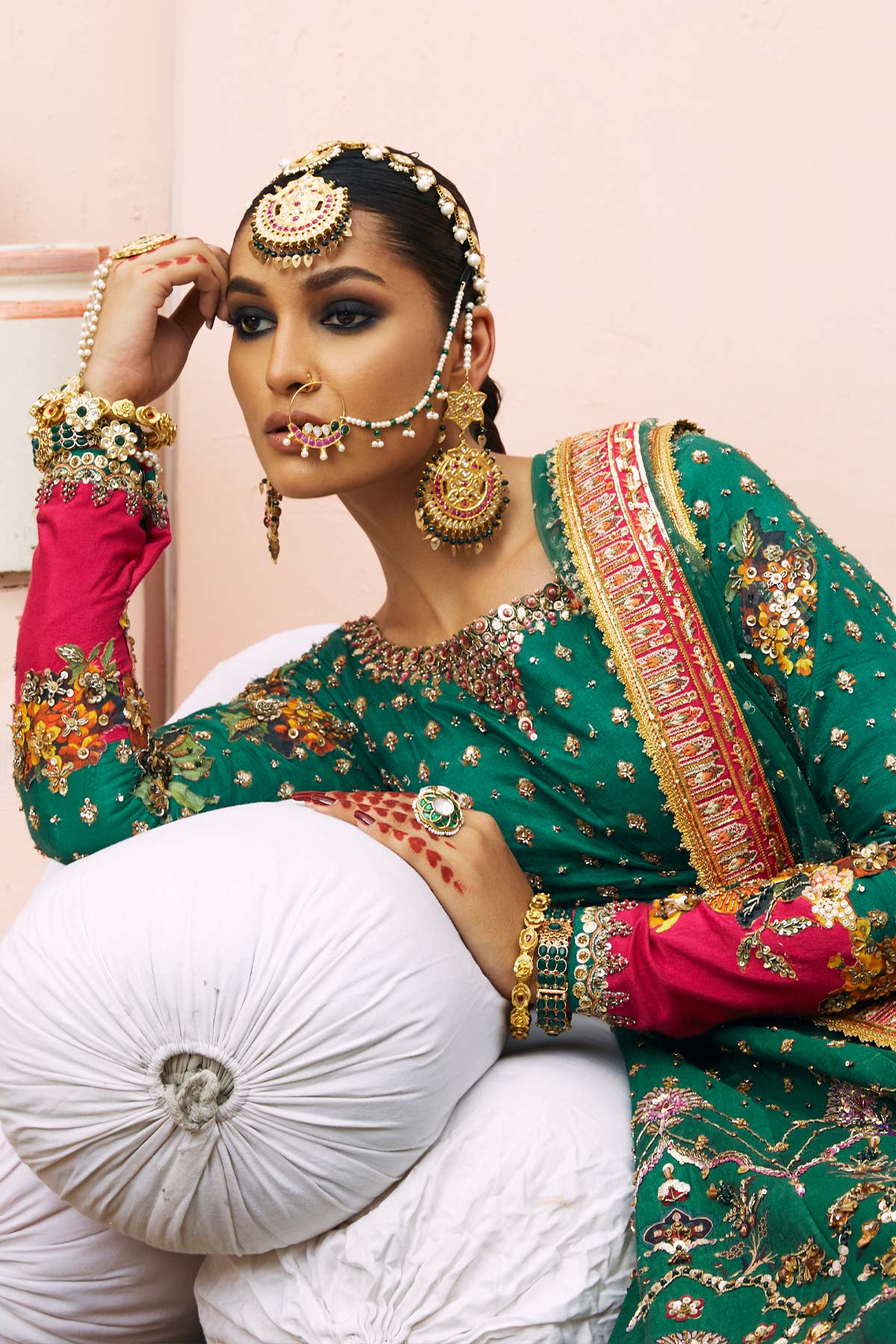 Pakistani Pine Green Embroidered Raw Silk Bridal Pishwas (2-Piece) - Image 5