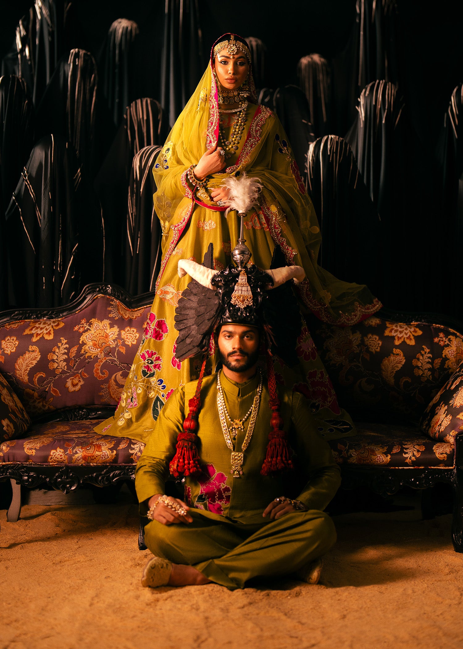 Pakistani Olive Green Hand-Embellished Raw Silk Pishwas (2-Piece) - Image 1