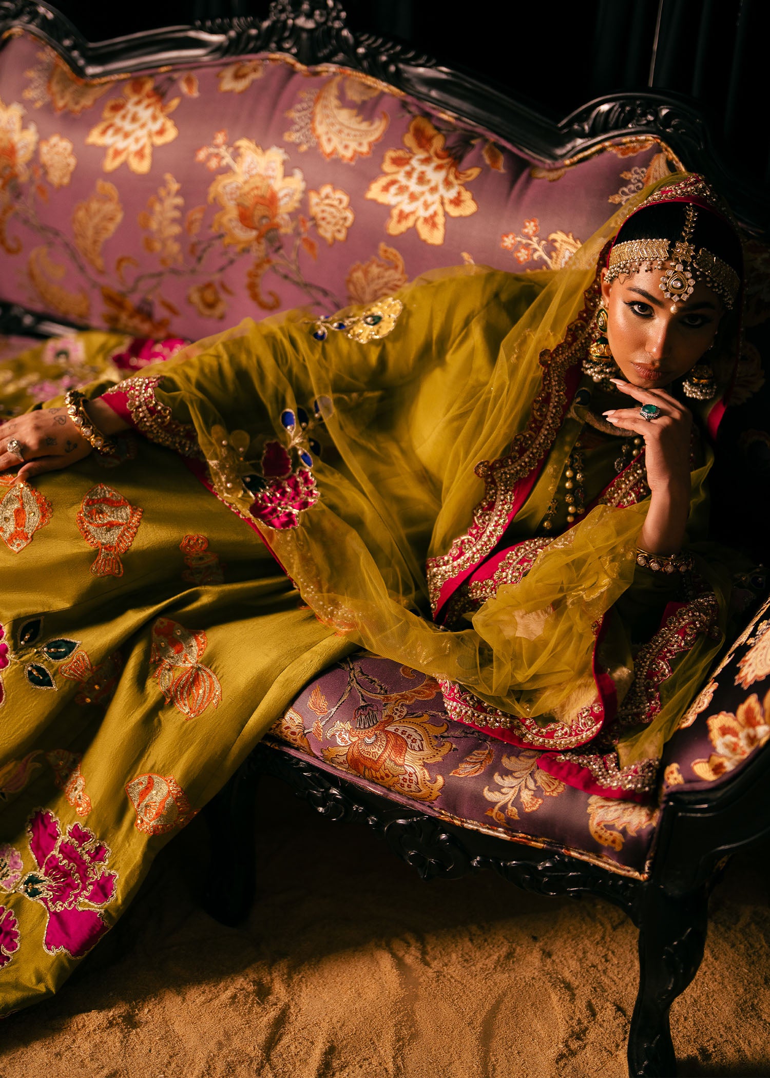 Pakistani Olive Green Hand-Embellished Raw Silk Pishwas (2-Piece) - Image 3