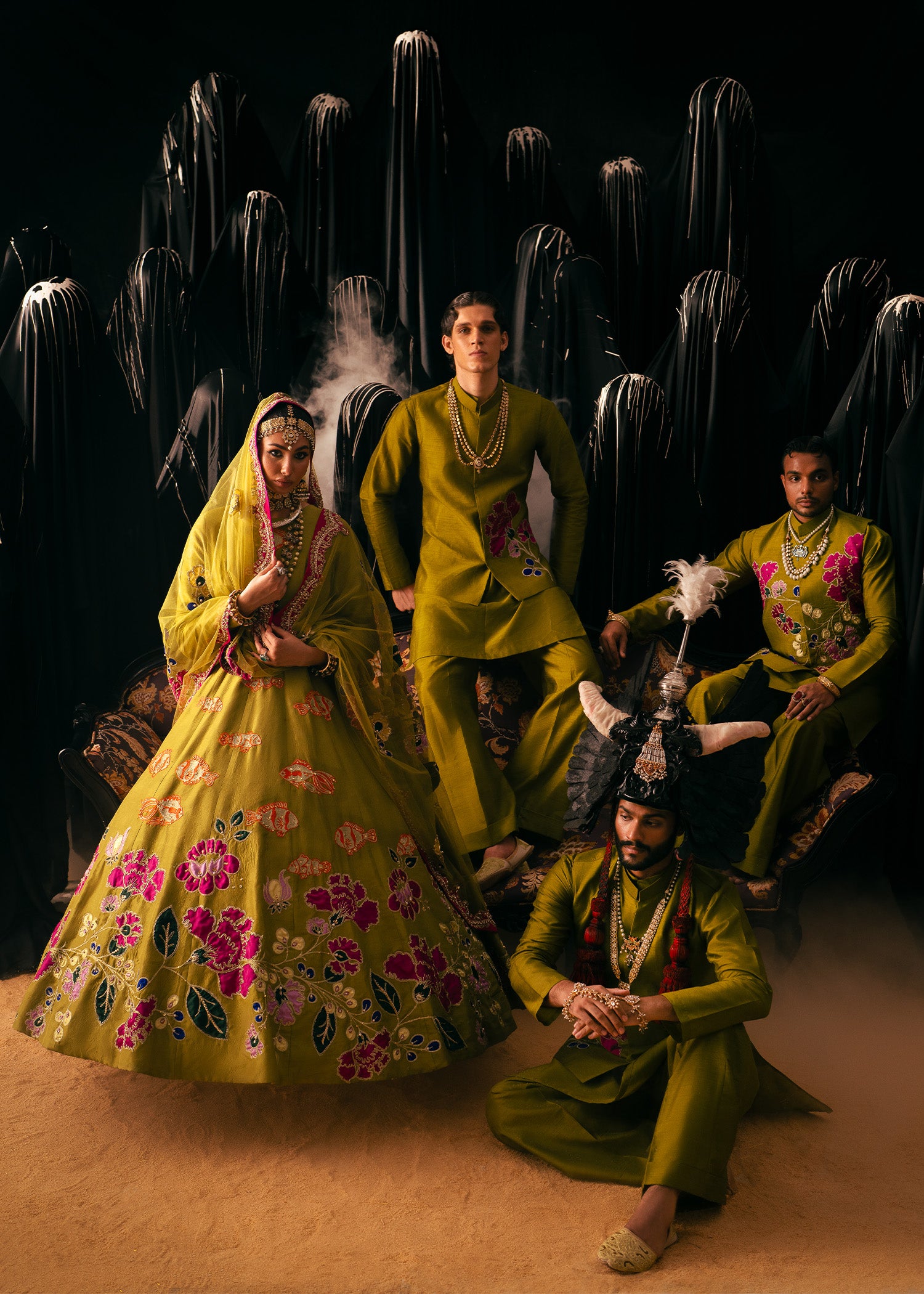 Pakistani Olive Green Hand-Embellished Raw Silk Pishwas (2-Piece) - Image 7