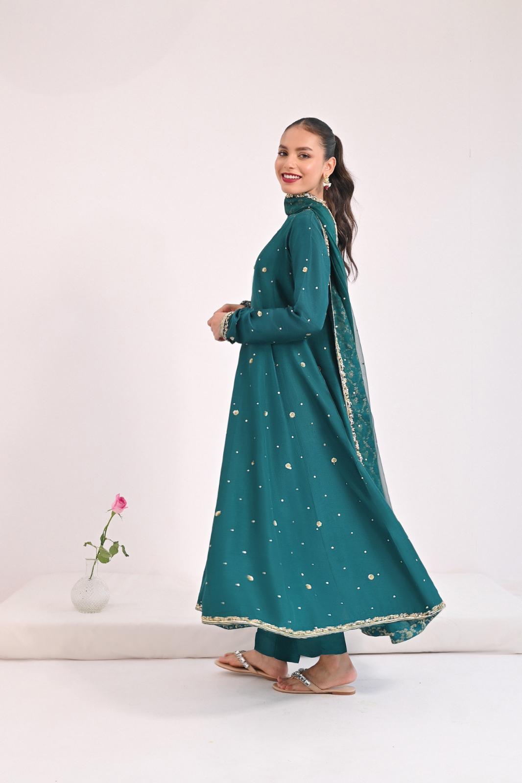 Poison Green Gold Embellished Raw Silk Pishwas (3-Piece) - Image 2