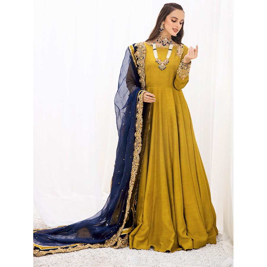 Olive Green Kaamdani Korean Raw Silk Pishwas (2-Piece) - Image 1