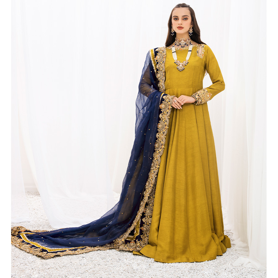 Olive Green Kaamdani Korean Raw Silk Pishwas (2-Piece) - Image 2