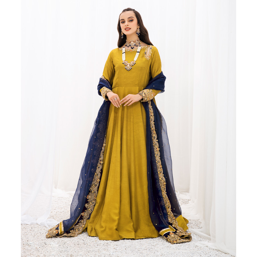 Olive Green Kaamdani Korean Raw Silk Pishwas (2-Piece) - Image 4