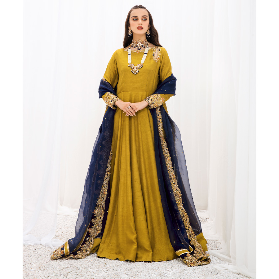 Olive Green Kaamdani Korean Raw Silk Pishwas (2-Piece) - Image 5