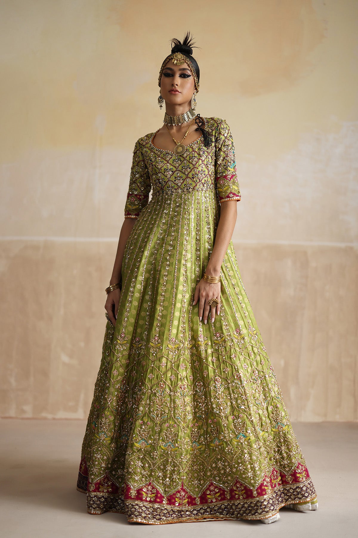 Pakistani Lime Green Embroidered Raw Silk Pishwas (3-Piece) - Image 1