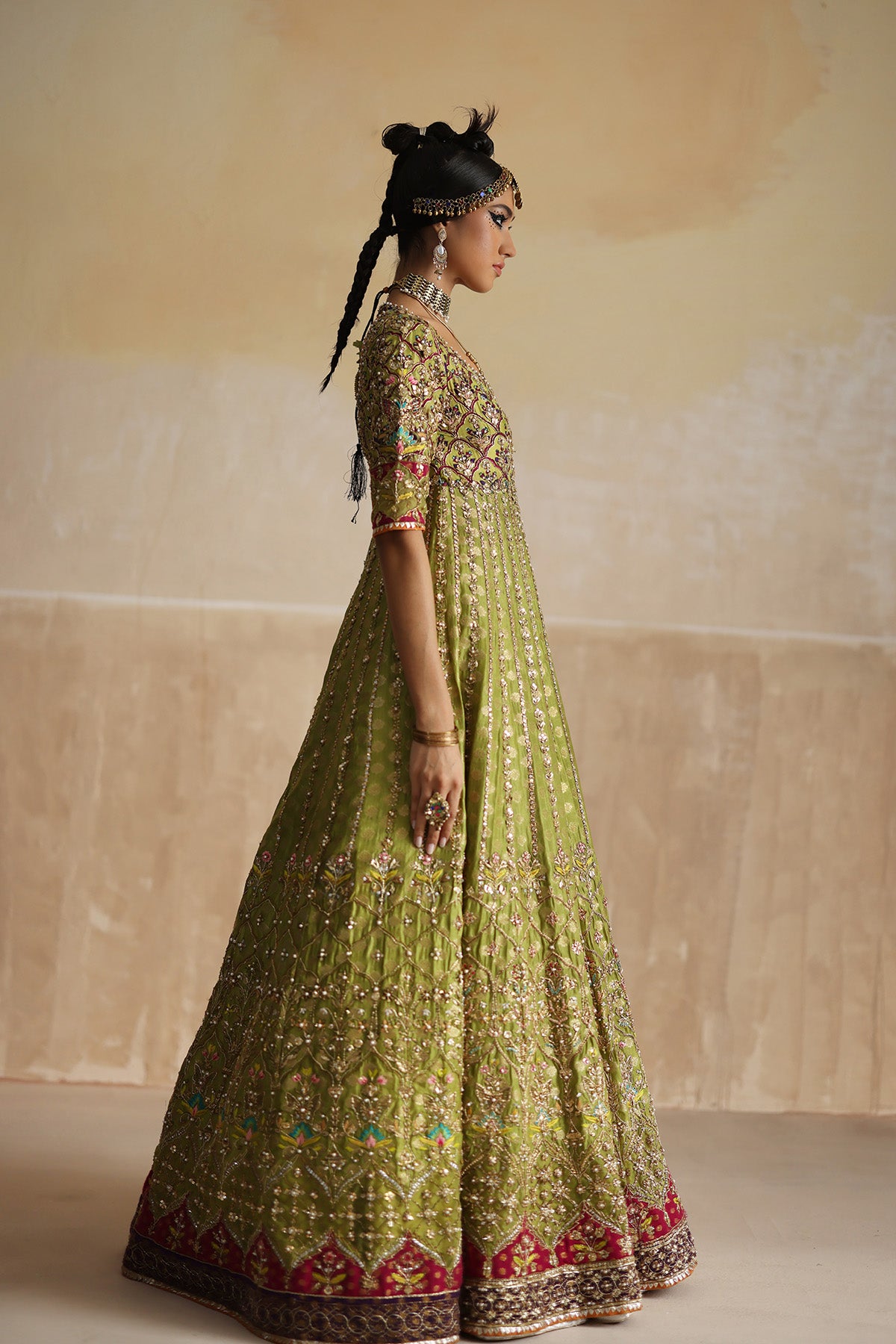 Pakistani Lime Green Embroidered Raw Silk Pishwas (3-Piece) - Image 2