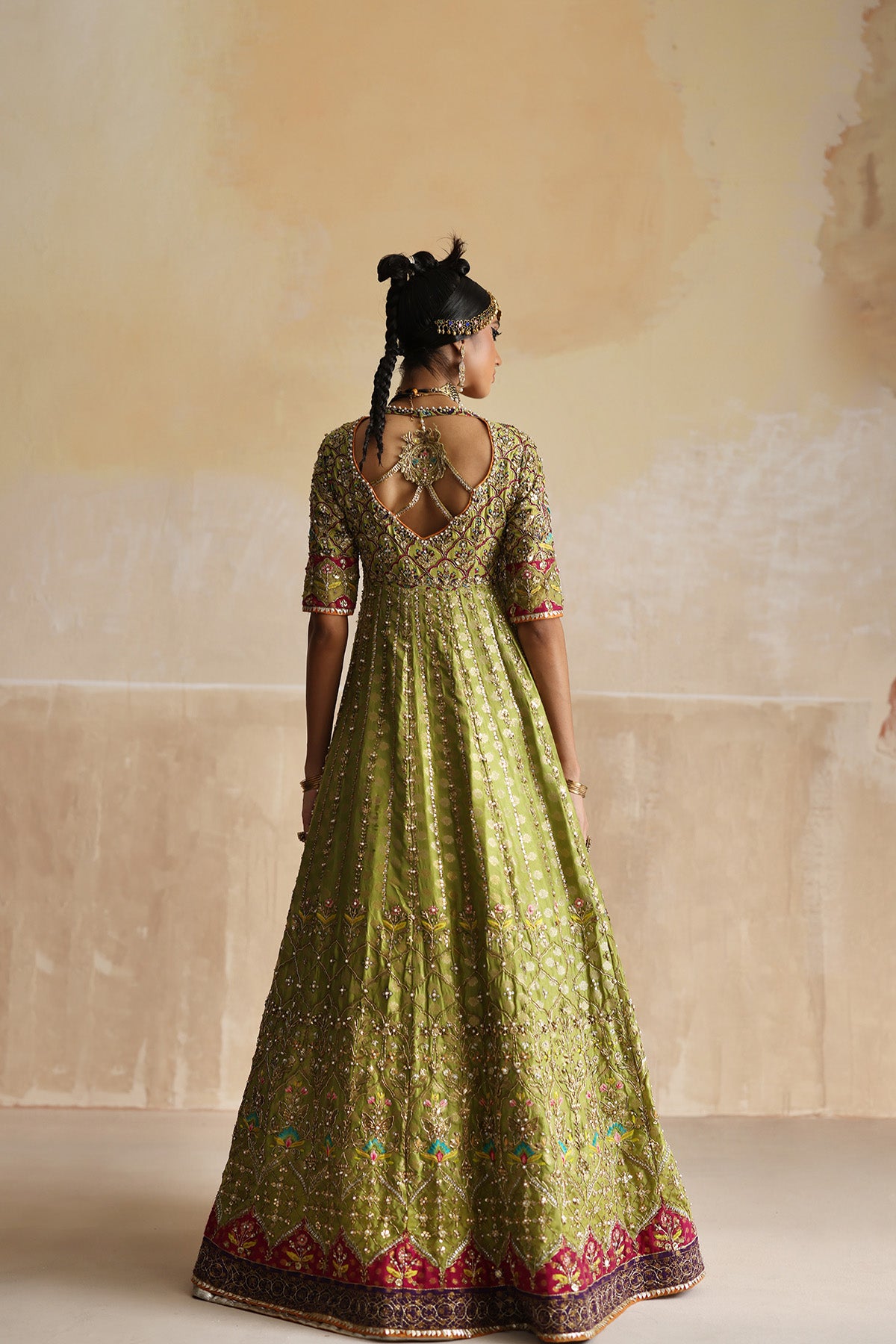 Pakistani Lime Green Embroidered Raw Silk Pishwas (3-Piece) - Image 3