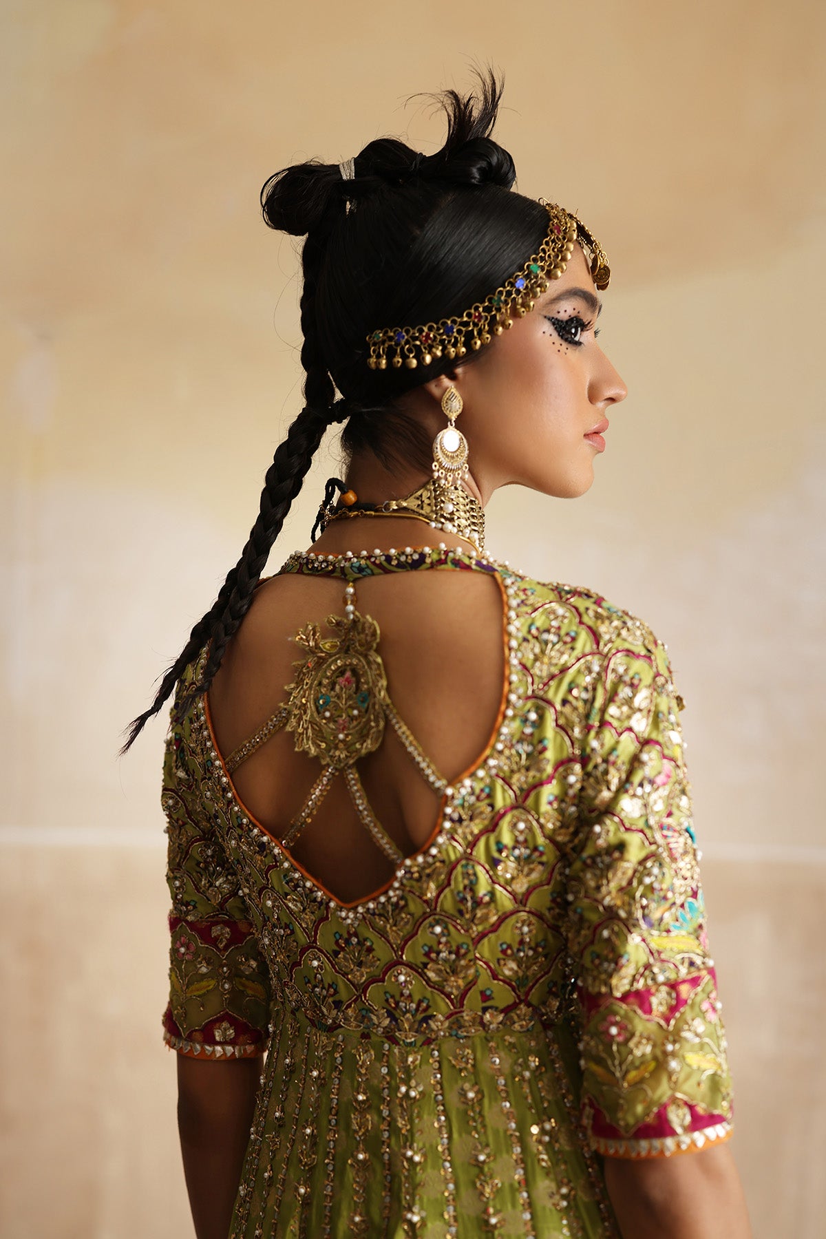 Pakistani Lime Green Embroidered Raw Silk Pishwas (3-Piece) - Image 4