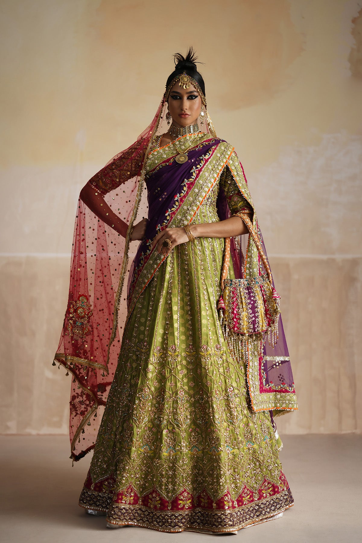 Pakistani Lime Green Embroidered Raw Silk Pishwas (3-Piece) - Image 5
