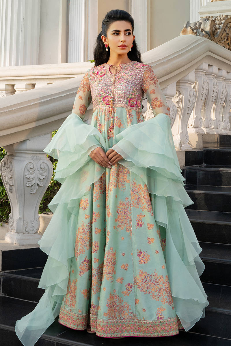 Sea Foam Green Embroidered Raw Silk Pishwas (3-Piece) - Image 1