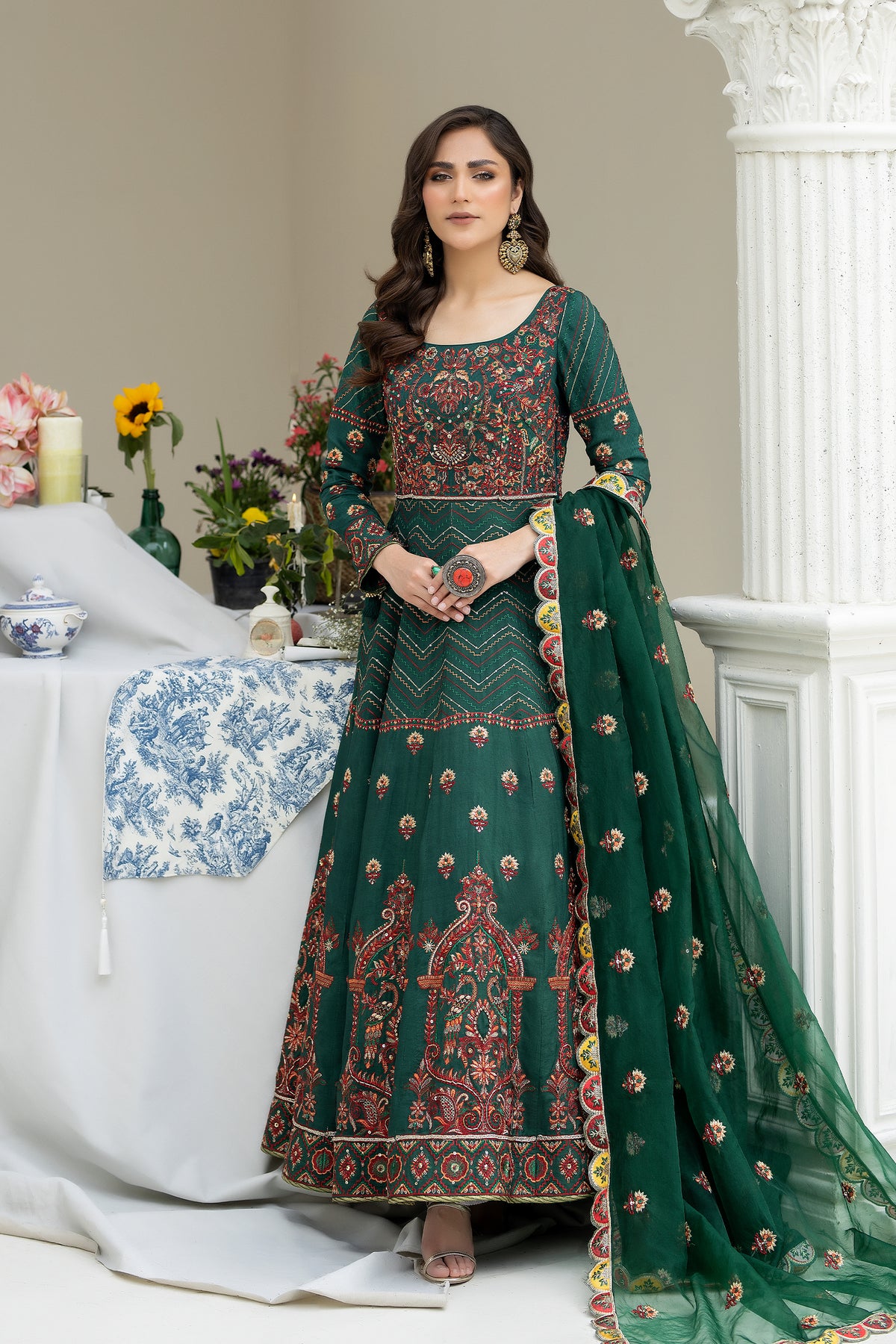 Emerald Embroidered Raw Silk Pishwas Dress (2-Piece) - Image 1