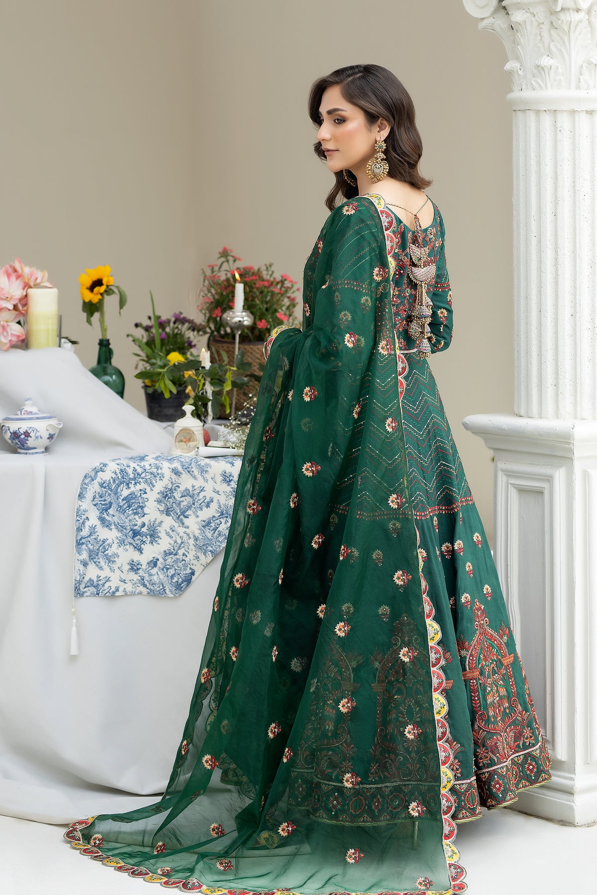 Emerald Embroidered Raw Silk Pishwas Dress (2-Piece) - Image 3
