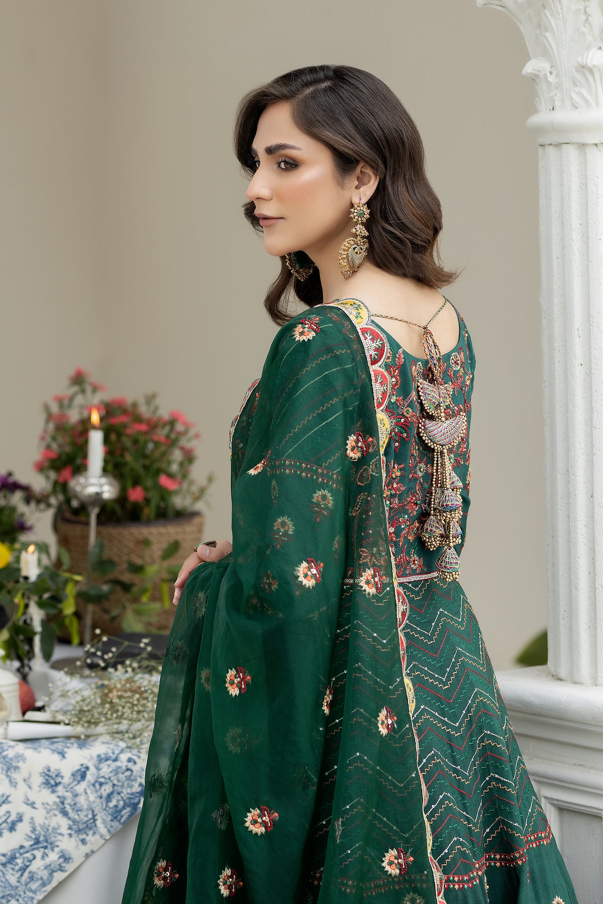 Emerald Embroidered Raw Silk Pishwas Dress (2-Piece) - Image 4