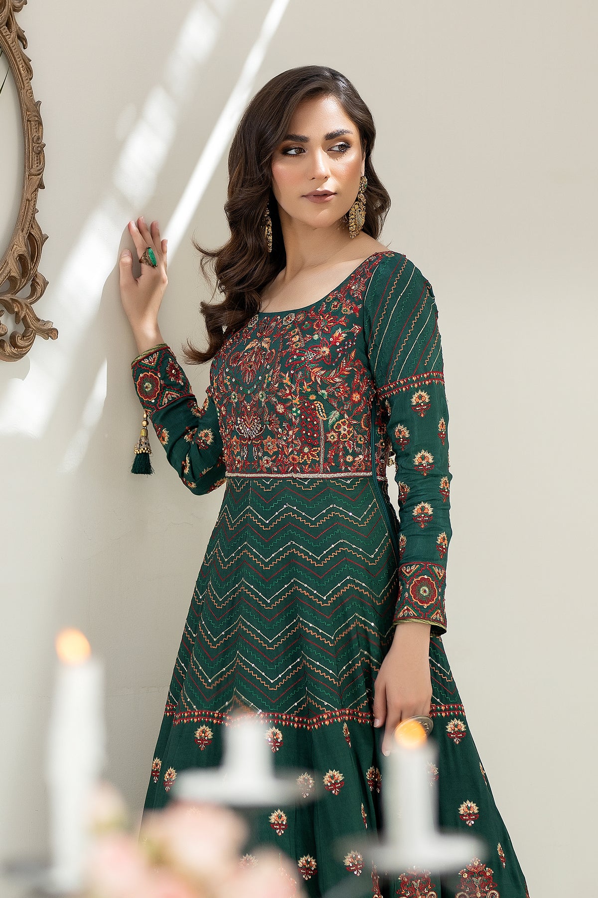 Emerald Embroidered Raw Silk Pishwas Dress (2-Piece) - Image 5