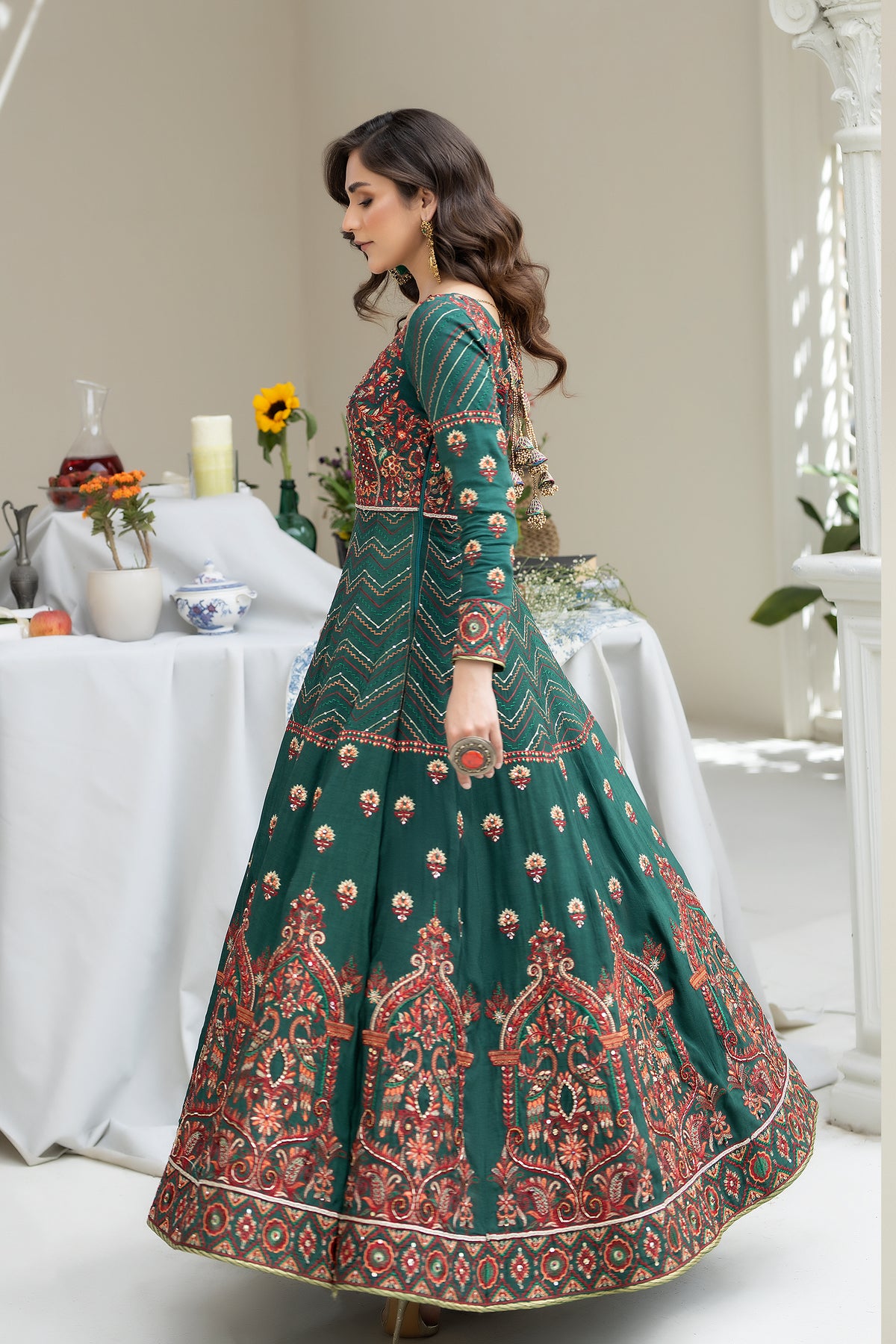 Emerald Embroidered Raw Silk Pishwas Dress (2-Piece) - Image 6