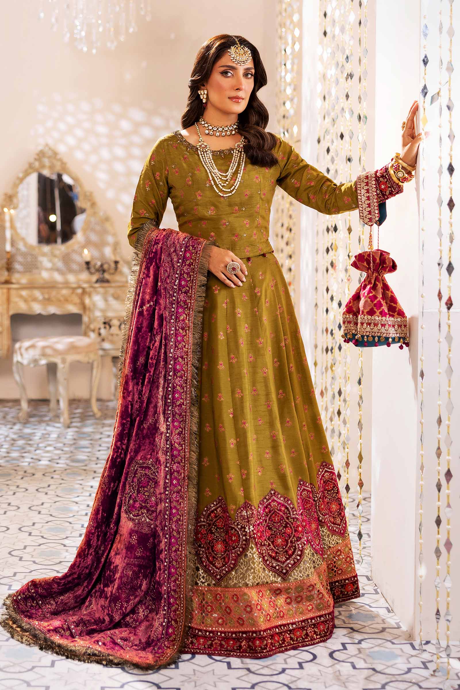 Pakistani Olive Green Embroidered Raw Silk Pishwas (2-Piece) - Image 1