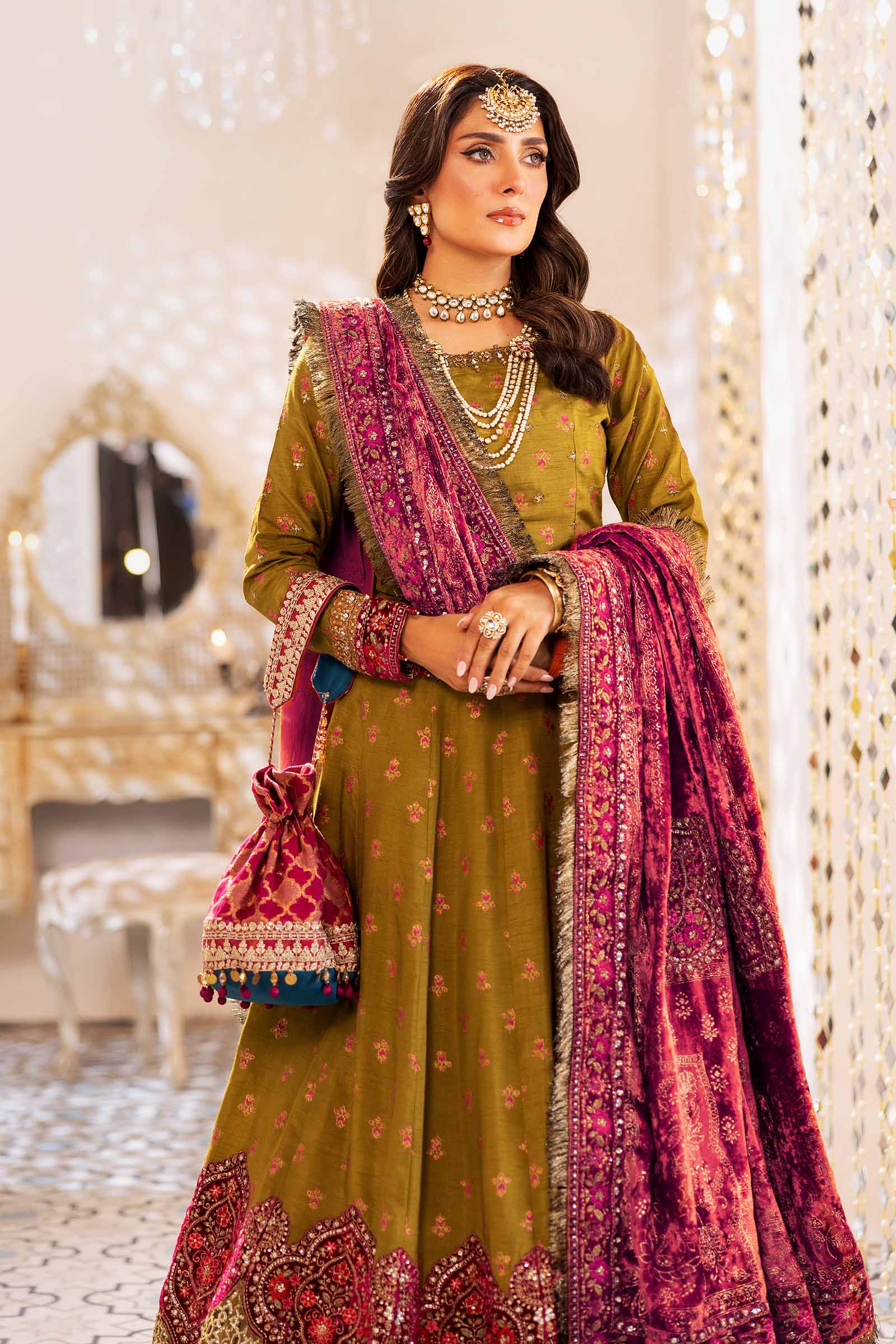 Pakistani Olive Green Embroidered Raw Silk Pishwas (2-Piece) - Image 2
