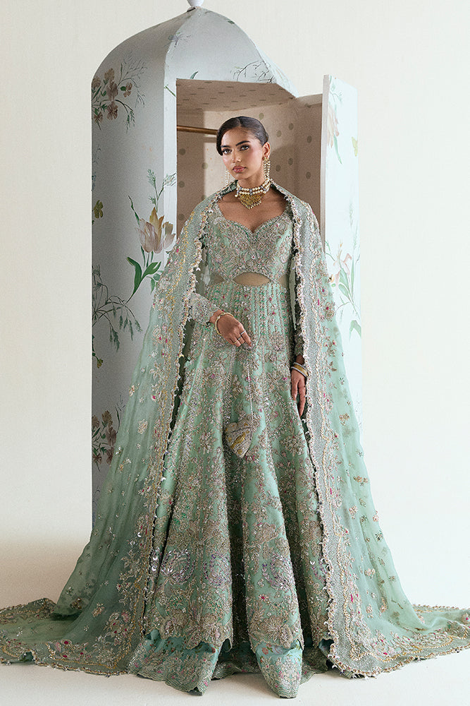 Pakistani Sage Green Embroidered Raw Silk Pishwas Dress (3-Piece) - Image 1