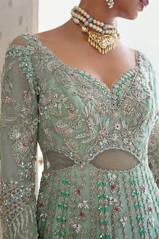 Pakistani Sage Green Embroidered Raw Silk Pishwas Dress (3-Piece) - Image 4