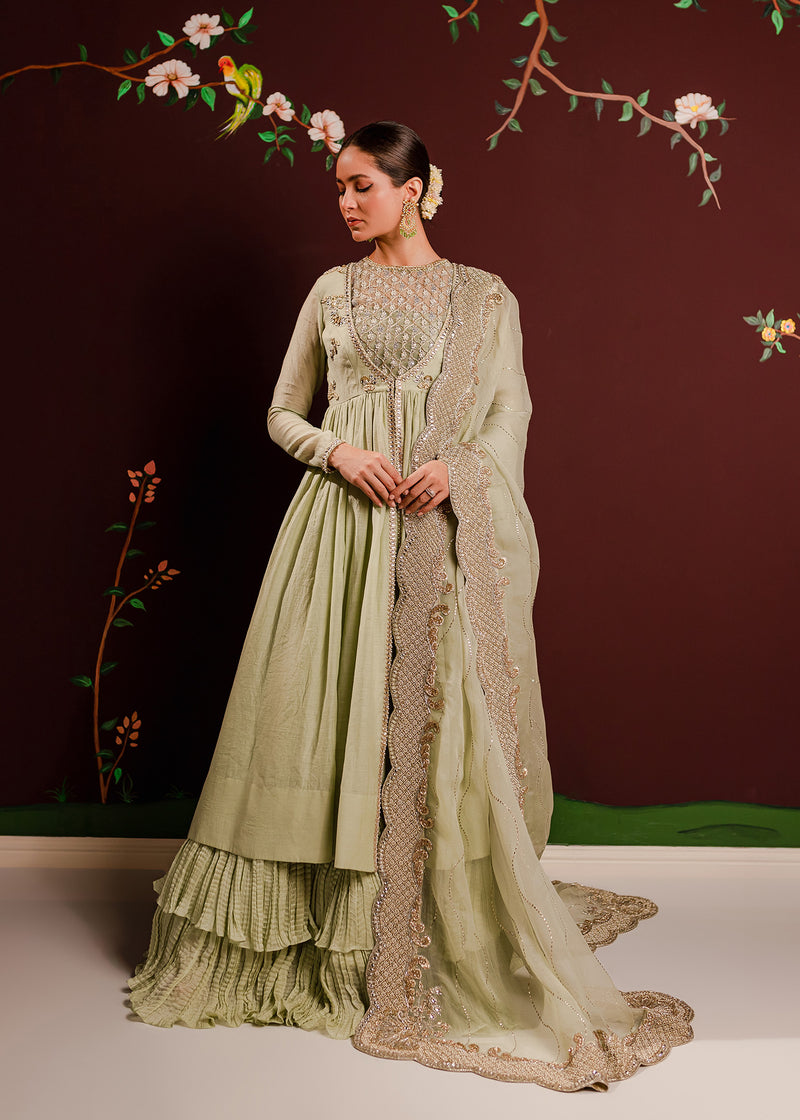 Pistachio Green Embellished Rawsilk Organza Pishwas (3-Piece) - Image 1